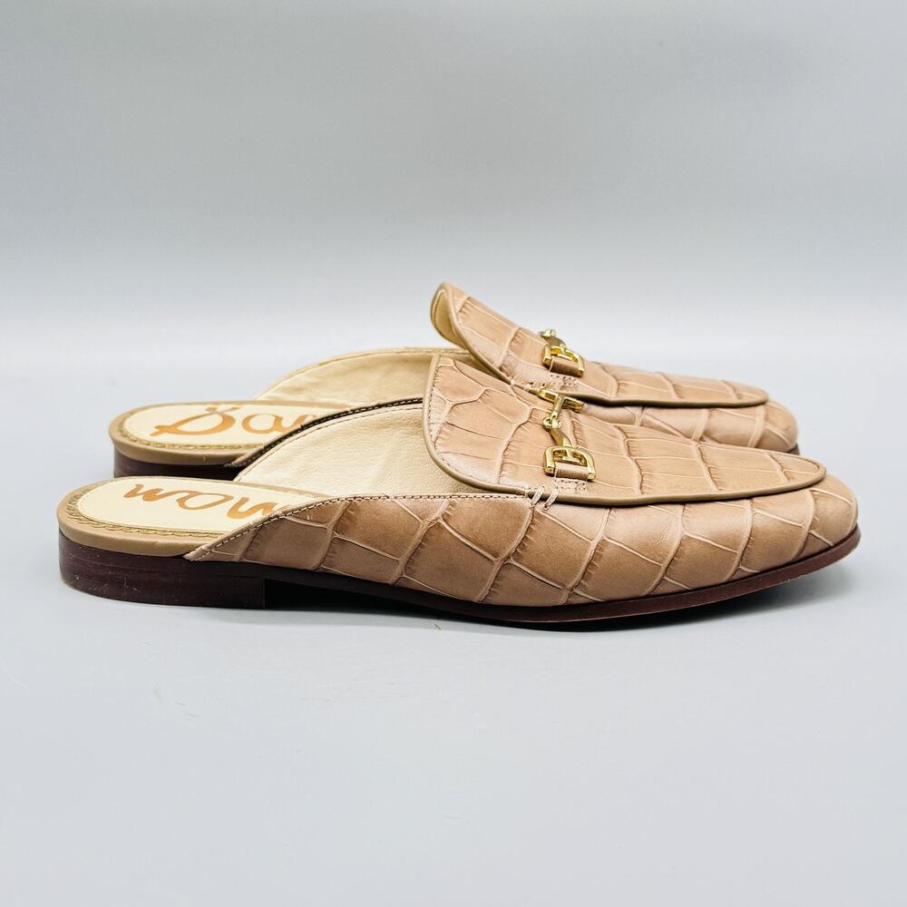 Sam Edelman Shoes Womens 5 Tan Linnie Mules Loafers Slip On Gold Bit Croc